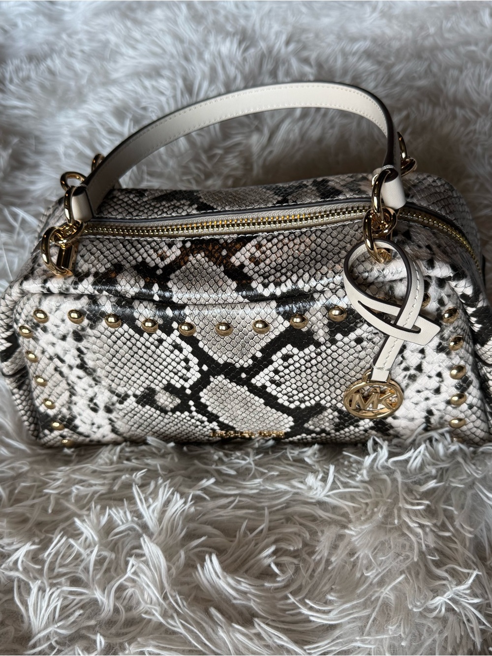 Michael Kors White and Black Snake-Print Studded Mini Satchel